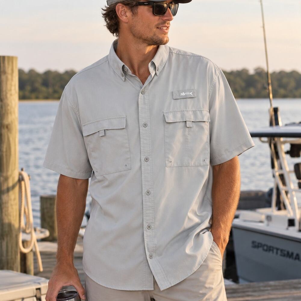 Silver Bait Light Gray Button Down Fishing Shirt Men's 2XL Tall